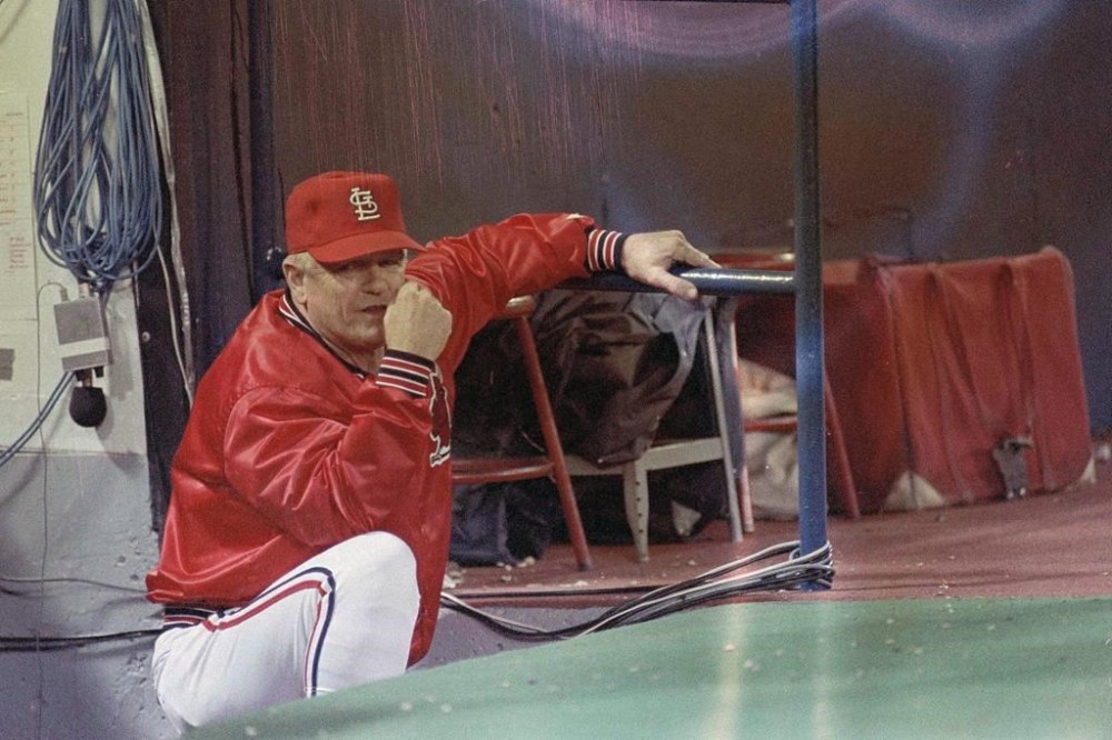FILE - St. Louis Cardinals manager Whitey Herzog watches during Game 7 of the World Series against the Kansas City Royals in Kansas City, Oct. 27, 1985. The Cardinals lost 11-0. Herzog, the gruff and ingenious Hall of Fame manager who guided the St. Louis Cardinals to three pennants and a World Series title in the 1980s and perfected an intricate, nail-biting strategy known as