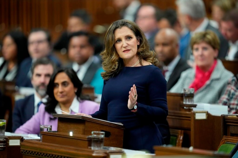 Deputy Prime Minister and Minister of Finance Chrystia Freeland rises to present the federal budget in the House of Commons in Ottawa on Tuesday, April 16, 2024. The Liberal government has already unveiled significant planks of the budget, including billions of dollars to build more homes, expand child care and beef up the military. THE CANADIAN PRESS/Adrian Wyld