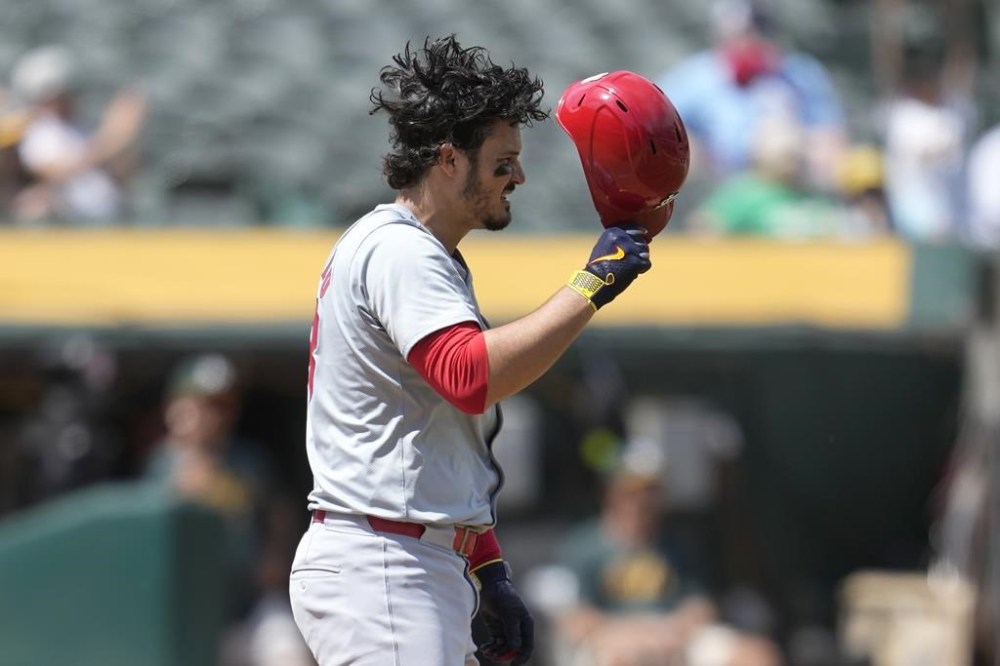 St. Louis Cardinals' Nolan Arenado reacts after striking out during the fifth inning of the team's baseball game against the Oakland Athletics in Oakland, Calif., Wednesday, April 17, 2024. (AP Photo/Jeff Chiu)
