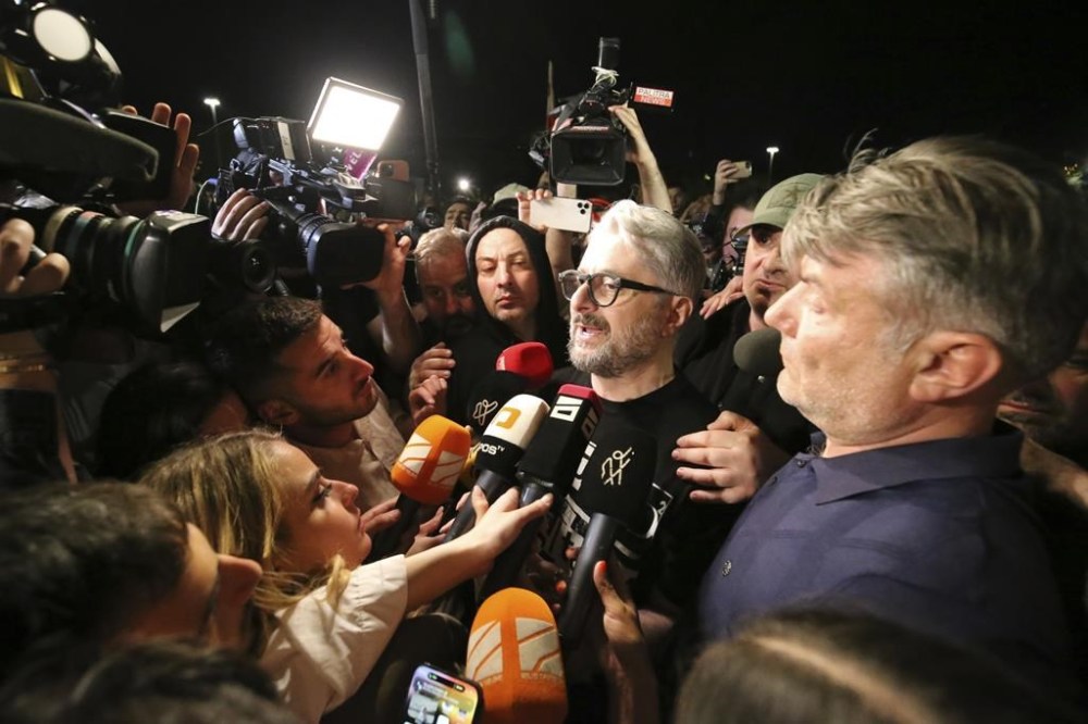 Nika Gvaramia, a Georgian politician and the founder of the Ahali party and Mtavari TV, one of the biggest TV media outlets in the country, speaks to journalists during a rally outside the parliament building in Tbilisi, Georgia, on Wednesday, April 17, 2024, to protest against