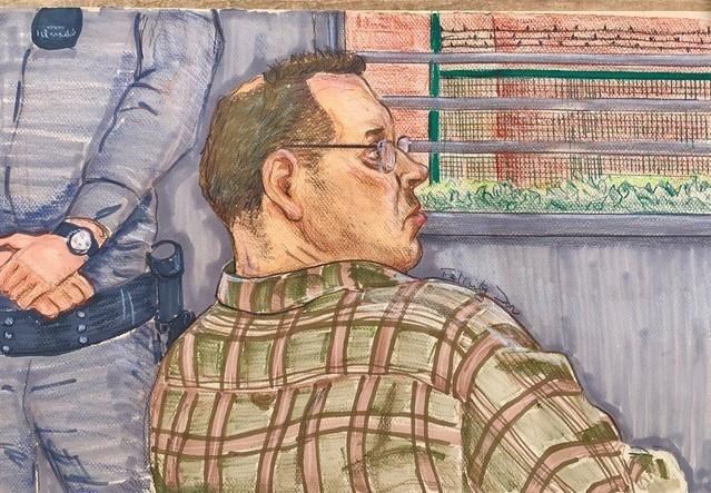 Allan Schoenborn is shown in this sketch attending a British Columbia Review Board in Coquitlam, B.C. on Thursday March 12, 2020. A hearing for a man who killed his three children in 2008 ended with an abrupt adjournment, shortly after his longtime lawyer told the British Columbia Review Board that he would no longer appear in front of the current panel. THE CANADIAN PRESS/Felicity Don