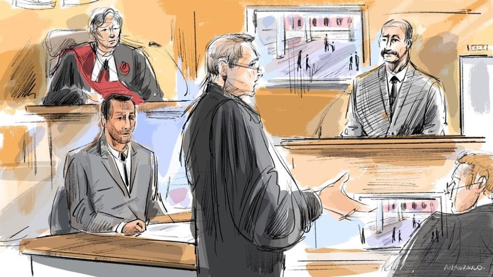 Justice Molloy, left to right, Umar Zameer, Detective Adam Taylor, Nader Hasan and Michael Cantlon crown
are shown in a courtroom sketch in Toronto on Wednesday, March 20, 2024. THE CANADIAN PRESS/Alexandra Newbould