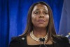 FILE - New York Attorney General Letitia James speaks during a press briefing, Feb. 16, 2024, in New York. On Wednesday, April 17, a New York man pleaded guilty to sending death threats to the state attorney general and the Manhattan judge that presided over former President Donald Trump’s civil fraud suit. (AP Photo/Bebeto Matthews, File)