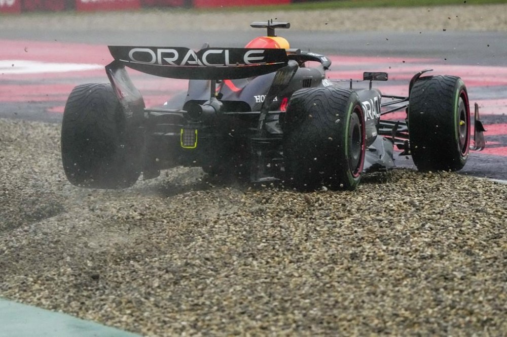 Red Bull driver Max Verstappen of the Netherlands goes off the circuit into the gravel during the sprint qualifying session for the Chinese Formula One Grand Prix at the Shanghai International Circuit, Shanghai, China, Friday, April 19, 2024. (AP Photo/Andy Wong)