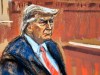 Former U.S. President Donald Trump sits as final jurors are sworn in during his criminal trial on charges that he falsified business records to conceal money paid to silence porn star Stormy Daniels in 2016, in Manhattan state court in New York, Friday, April 19, 2024, in this courtroom sketch. (Jane Rosenberg via AP, Pool)