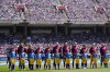 Barcelona players lineup before the women's Champions League semifinals, first leg, soccer match between FC Barcelona and Chelsea FC at the Olympic Stadium, in Barcelona, Spain, Saturday, April 20, 2024. (AP Photo/Jose Breton)