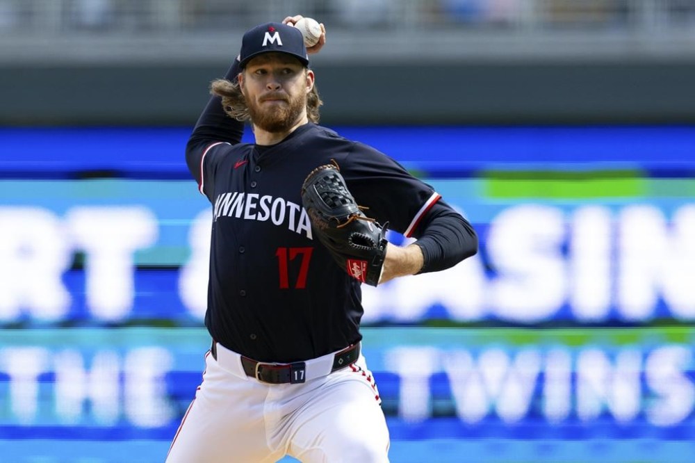 Minnesota Twins pitcher Bailey Ober (17) throws during the third inning of a baseball game against the Detroit Tigers, Saturday, April 20, 2024, in Minneapolis. (AP Photo/Stacy Bengs)
