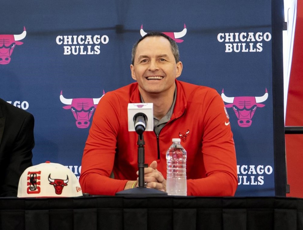 FILE - Chicago Bulls executive vice president of basketball operations Arturas Karnisovas listens during a news conference Monday, June 27, 2022, in Chicago. Chicago Bulls executive vice president of basketball operations Arturas Karnisovas fell on his sword and vowed to make changes after the team he constructed missed the playoffs for the second straight season, Saturday, April 20, 2024. (Brian Cassella/Chicago Tribune via AP, File)