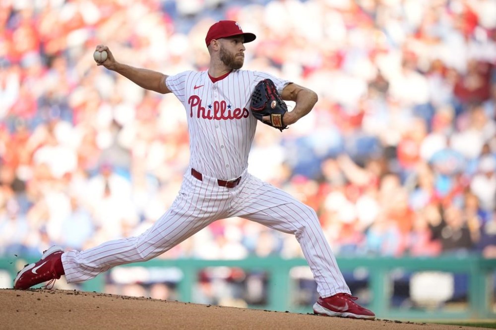 Philadelphia Phillies' Zack Wheeler pitches during the first inning of a baseball game against the Chicago White Sox, Saturday, April 20, 2024, in Philadelphia. (AP Photo/Matt Slocum)