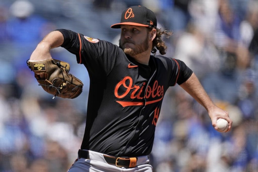 Baltimore Orioles starting pitcher Cole Irvin throws during the first inning of a baseball game against the Kansas City Royals Sunday, April 21, 2024, in Kansas City, Mo. (AP Photo/Charlie Riedel)