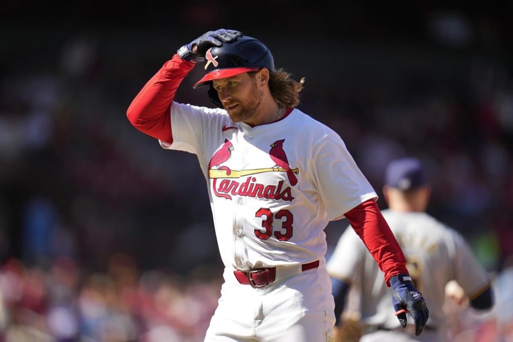 St. Louis Cardinals' Brendan Donovan heads off the field after grounding out to end a baseball game against the Milwaukee Brewers Sunday, April 21, 2024, in St. Louis. (AP Photo/Jeff Roberson)