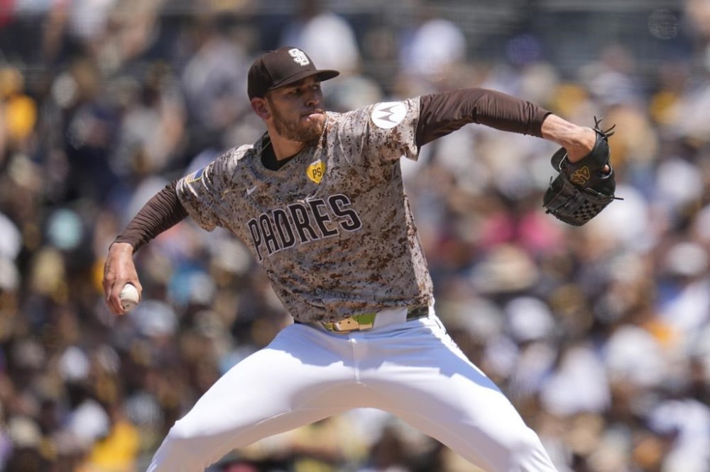 San Diego Padres starting pitcher Joe Musgrove works against a Toronto Blue Jays batter during the second inning of a baseball game, Sunday, April 21, 2024, in San Diego. (AP Photo/Gregory Bull)