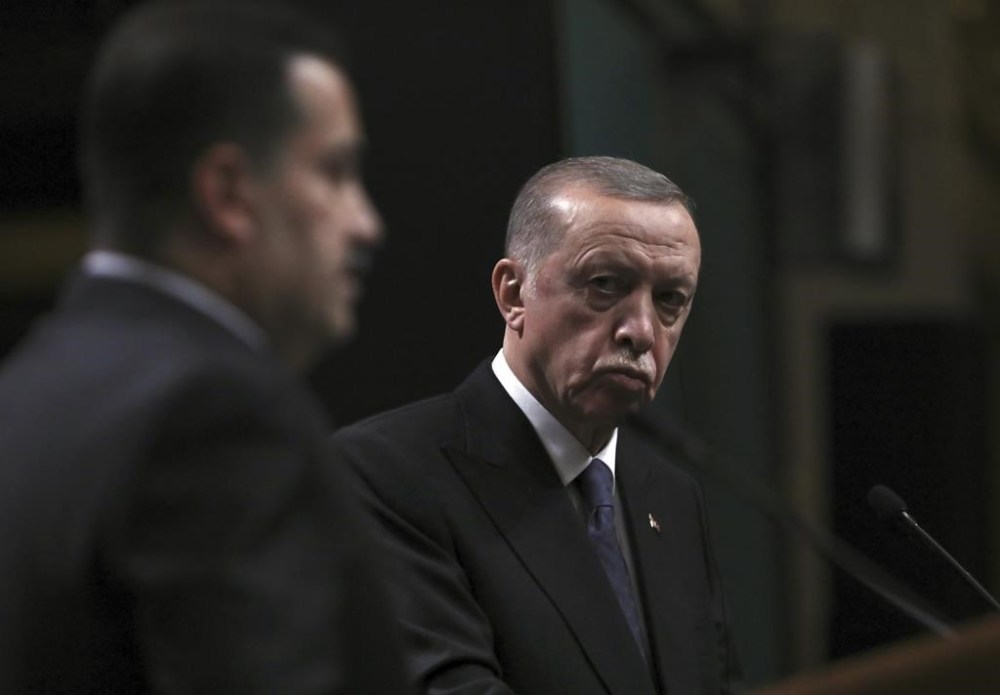 FILE - Turkey's President Recep Tayyip Erdogan, right, and Iraq's Prime Minister Mohammed Shia al-Sudani speak to the media after their talks, in Ankara, Turkey, Tuesday, March 21, 2023. Erdogan was set to make his first official visit to Iraq in more than a decade on Monday April 22, 2024 as his country seeks greater cooperation from Baghdad in its fight against a Kurdish militant group that has a foothold in northern Iraq. (AP Photo/Burhan Ozbilici, File)
