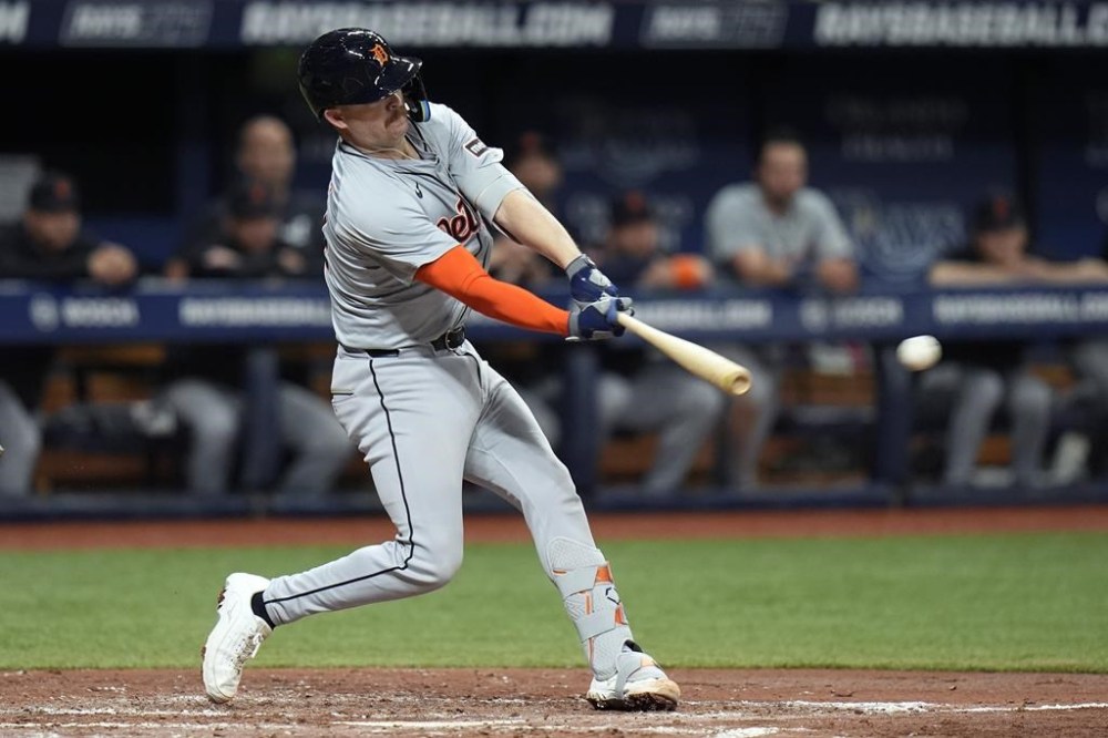 Detroit Tigers' Jake Rogers singles off Tampa Bay Rays starting pitcher Zack Littell during the fifth inning of a baseball game Monday, April 22, 2024, in St. Petersburg, Fla. (AP Photo/Chris O'Meara)