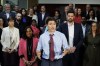 Prime Minister Justin Trudeau is flanked by Minister of Housing Sean Fraser, right, and Treasury Board President Anita Anand, left, during a press conference in Oakville, Ont., on Wednesday, April 24, 2024. Trudeau is ramping up his attacks on Conservative Leader Pierre Poilievre as he promotes the government's federal budget. THE CANADIAN PRESS/Cole Burston