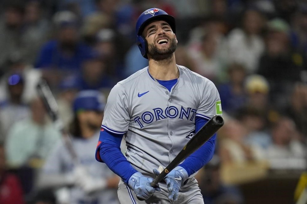 Toronto Blue Jays' Kevin Kiermaier reacts after striking out during the ninth inning of a baseball game against the San Diego Padres, Friday, April 19, 2024, in San Diego. The Toronto Blue Jays have placed centre fielder Kevin Kiermaier on the 10-day injured list with a left hip injury. THE CANADIAN PRESS/AP-Gregory Bull