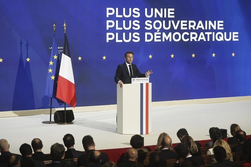 French President Emmanuel Macron delivers a speech on Europe in the amphitheater of the Sorbonne University, Thursday, April 25 in Paris. 2024. French President Emmanuel Macron will outline his vision for Europe as a more assertive global power at the backdrop of war in Ukraine, security, and economic challenges in a speech ahead of pivotal election for the European Parliament in June. (Christophe Petit Tesson, Pool via AP)