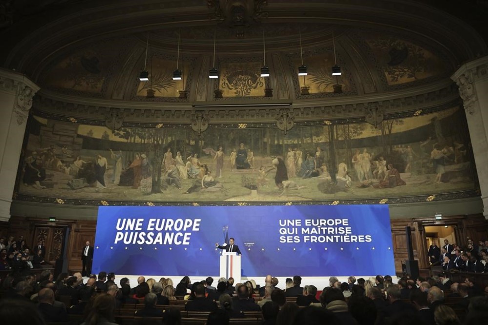 French President Emmanuel Macron delivers a speech on Europe in the amphitheater of the Sorbonne University, Thursday, April 25 in Paris. 2024. French President Emmanuel Macron will outline his vision for Europe as a more assertive global power at the backdrop of war in Ukraine, security, and economic challenges in a speech ahead of pivotal election for the European Parliament in June. (Christophe Petit Tesson, Pool via AP)