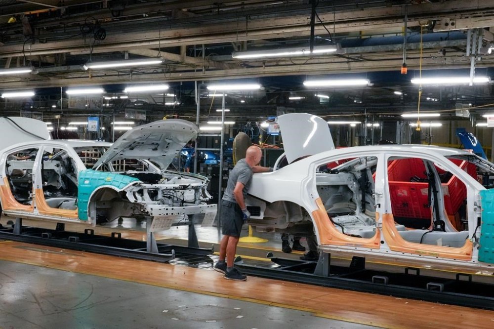 Canada's auto industry is facing a renaissance as it transitions from building vehicles that run on fuel, to those that run on batteries. Cars pass along the assembly line at the Stellantis plant in Brampton, Ont., Friday, July 21, 2023. THE CANADIAN PRESS/Chris Young