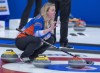 Chelsea Carey wants to be clear, she's not trying to fill Jennifer Jones' curling shoes. Carey directs her sweeper as they play Saskatchewan at the Scotties Tournament of Hearts at Fort William Gardens in Thunder Bay, Ont. on Monday, Jan. 31, 2022. THE CANADIAN PRESS/Andrew Vaughan