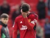 Manchester United's Bruno Fernandes reacts after the English Premier League soccer match between Manchester United and Burnley at Old Trafford, Manchester, England, Saturday, April 27, 2024. (Ian Hodgson/PA via AP)