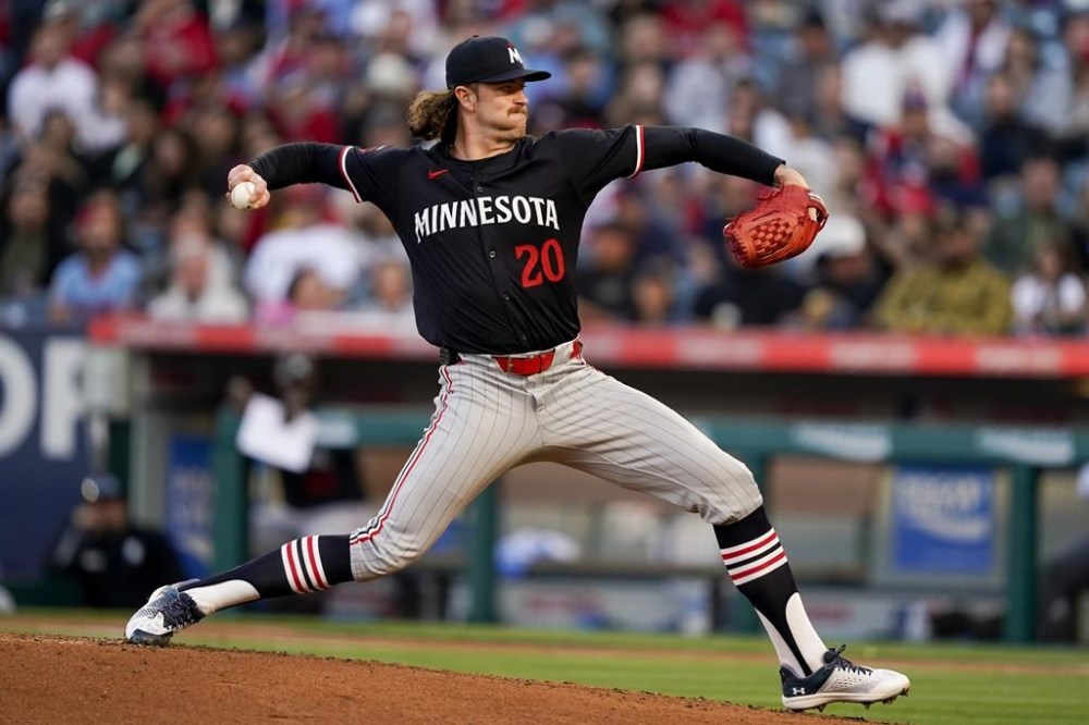 Minnesota Twins starting pitcher Chris Paddack throws during the first inning of the team's baseball game against the Los Angeles Angels, Saturday, April 27, 2024, in Anaheim, Calif. (AP Photo/Ryan Sun)