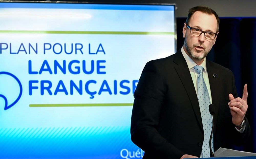 Minister of the French Language Jean-François Roberge holds a press conference concerning the Plan for the French language in Montreal, Sunday, April 28, 2024. THE CANADIAN PRESS/Graham Hughes