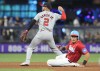 Miami Marlins' Avisaíl García is forced out on second base as Washington Nationals second baseman Luis García Jr. (2) looks to throw to third base during the third inning of a baseball game, Saturday, April 27, 2024, in Miami. (AP Photo/Marta Lavandier)