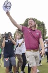 Captain Cameron Smith, of Ripper GC, celebrates on the 18th hole after his team won the playoff round of LIV Golf Adelaide at Grange Golf Club, Sunday, April 28, 2024, in Adelaide, Australia. (Chris Trotman/LIV Golf via AP)
