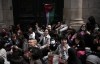 Students stage a sit-in outside La Sorbonne university, Monday, April 29, 2024 in Paris. About 100 Pro-Palestinian students demonstrate near the Sorbonne university in Paris. The demonstration came on the heels of protests last week at another Paris-region school, Sciences Po. (AP Photo/Christophe Ena)