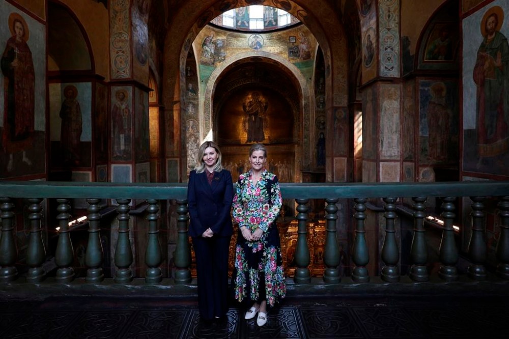 Britain's Duchess of Edinburgh Sophie, right, with the First Lady of Ukraine Olena Zelenska visit the Saint Sophia Cathedral in Kyiv, Monday April 29, 2024. (Anatolii Stepanov/Pool via AP)
