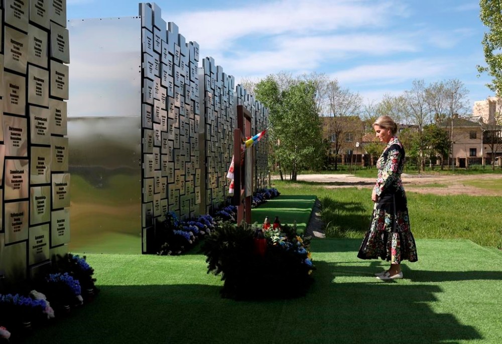 Britain's Sophie, Duchess of Edinburgh, visits the memorial to the victims of the Russian occupation in the town of Bucha, Ukraine, Monday, April 29, 2024. (Anatolii Stepanov/Pool via AP)