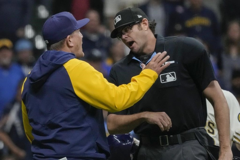 Milwaukee Brewers manager Pat Murphy argues with home plate umpire Ryan Additon during the ninth inning of a baseball game against the Tampa Bay Rays Monday, April 29, 2024, in Milwaukee. Murphy was ejected. The Rays won 1-0. (AP Photo/Morry Gash)