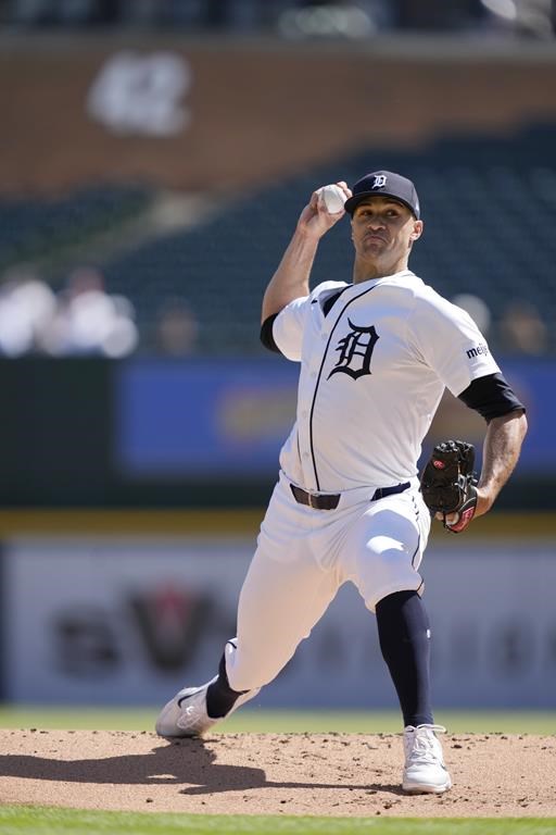 Detroit Tigers starting pitcher Jack Flaherty throws during the first inning in the first game of a baseball doubleheader against the St. Louis Cardinals, Tuesday, April 30, 2024, in Detroit. (AP Photo/Carlos Osorio)