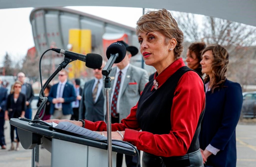 Calgary Mayor Jyoti Gondek speaks in Calgary on Tuesday, April 25, 2023. The mayors of Alberta's two biggest cities say the province has slashed about $12 million in funding meant to help low-income residents access public transit. THE CANADIAN PRESS/Jeff McIntosh