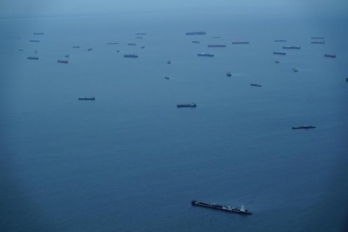 FILE - Cargo ships wait in Panama Bay before moving through the Panama Canal in Panama City, Sept. 23, 2023. The climate phenomenon known as El Niño — and not climate change — was a key factor driving low rainfall that disrupted shipping at the Panama Canal, scientists said Wednesday, May 1, 2024. (AP Photo/Arnulfo Franco, File)
