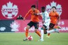Forge FC midfielder David Choiniere, left, fends off a York United FC defender in Canadian Championship preliminary-round play in Hamilton in this Wednesday, May 1, 2024 handout photo. THE CANADIAN PRESS/HO, Forge FC, Jojo Yanjiao Qian