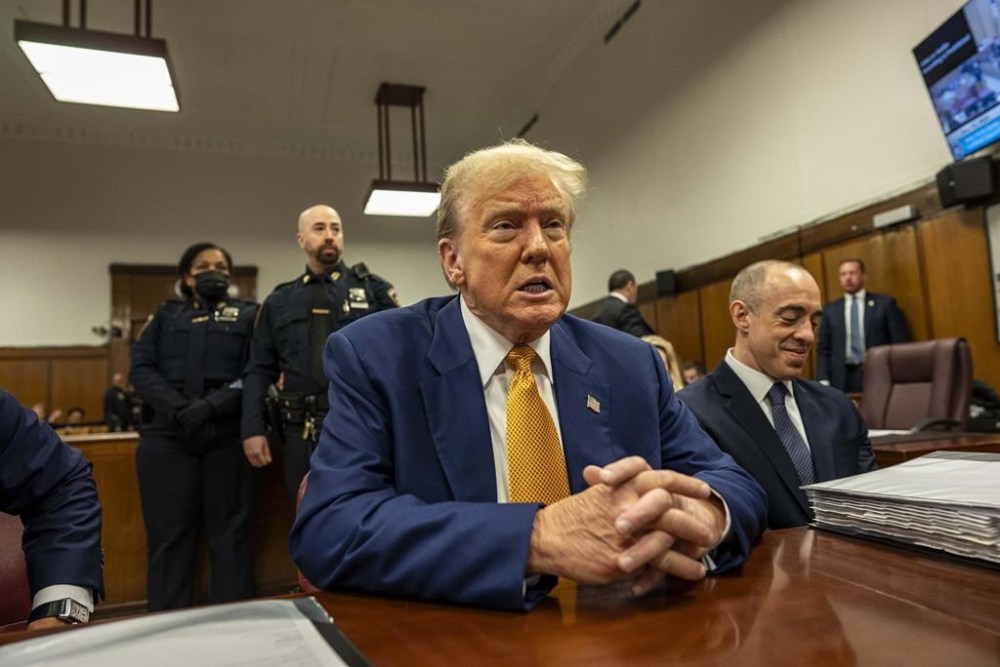 Former President Donald Trump sits inside Manhattan Criminal Court, Thursday, May 2 2024. (Mark Peterson/Pool Photo via AP)