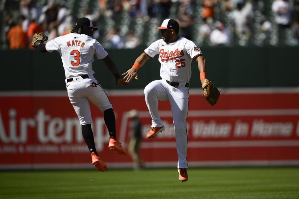 Baltimore Orioles' Anthony Santander (25) and Jorge Mateo (3) celebrate after a baseball game against the New York Yankees, Thursday, May 2, 2024, in Baltimore. The Orioles won 7-2. (AP Photo/Nick Wass)