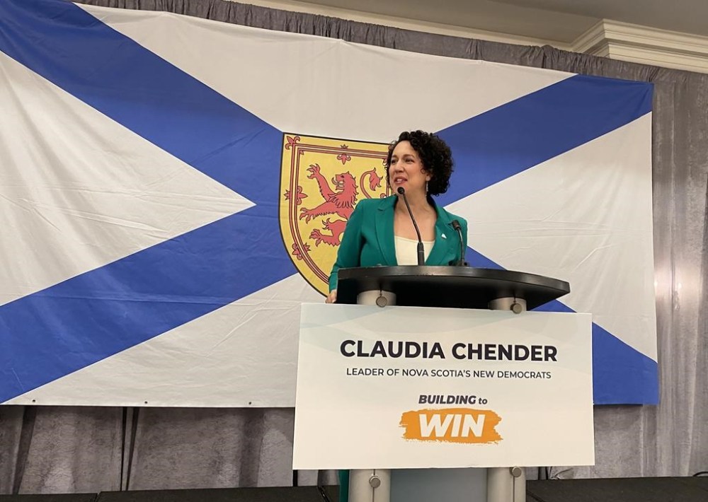 Nova Scotia NDP Leader Claudia Chender addresses delegates at the party’s annual convention in Halifax on Saturday May 4, 2024. THE CANADIAN PRESS/Keith Doucette