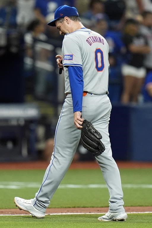 New York Mets relief pitcher Adam Ottavino walks off after being taken out the game against the Tampa Bay Rays during the eighth inning of a baseball game Saturday, May 4, 2024, in St. Petersburg, Fla. (AP Photo/Chris O'Meara)