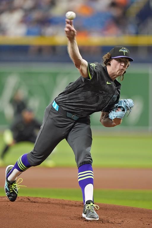 Tampa Bay Rays' Ryan Pepiot pitches to the New York Mets during the first inning of a baseball game Sunday, May 5, 2024, in St. Petersburg, Fla. (AP Photo/Chris O'Meara)