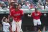 Cleveland Guardians' Jose Ramirez watches his two-run home run off Los Angeles Angels starting pitcher Griffin Canning as Los Angeles Angels' Matt Thaiss looks on during the sixth inning of a baseball game in Cleveland, Sunday, May 5, 2024. (AP Photo/Phil Long)