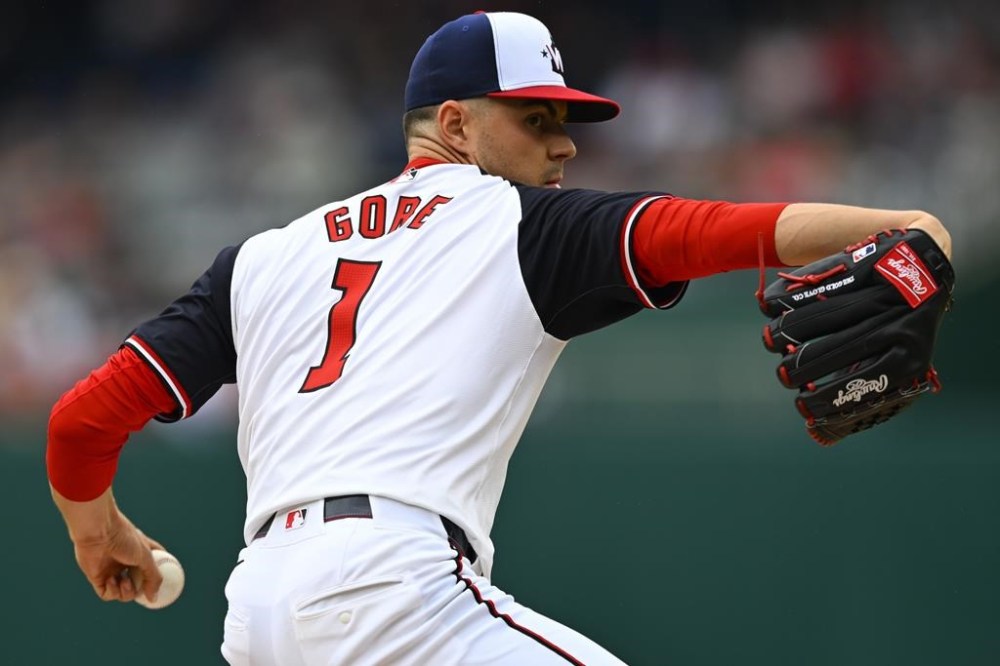 Washington Nationals pitcher MacKenzie Gore throws during the first inning of a baseball game against the Toronto Blue Jays, Sunday, May 5, 2024, in Washington. (AP Photo/John McDonnell)