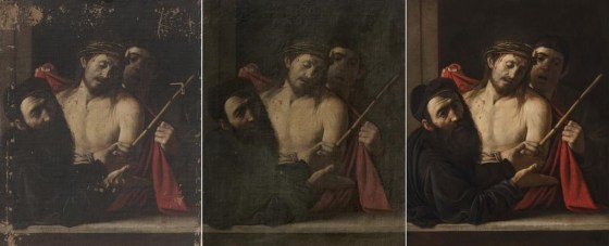 This combination of photos shows the restoration work on Caravaggio's 