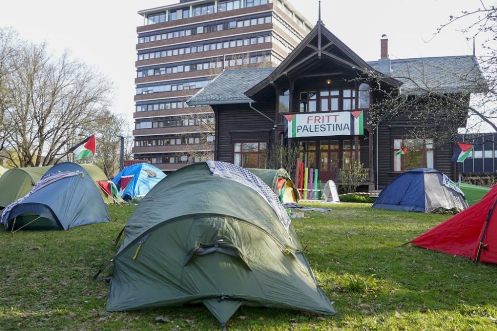Students camp as they protest against war in Gaza, at the University of Oslo, Norway, Thursday May 2, 2024. (Terje Pedersen/NTB Scanpix via AP)
