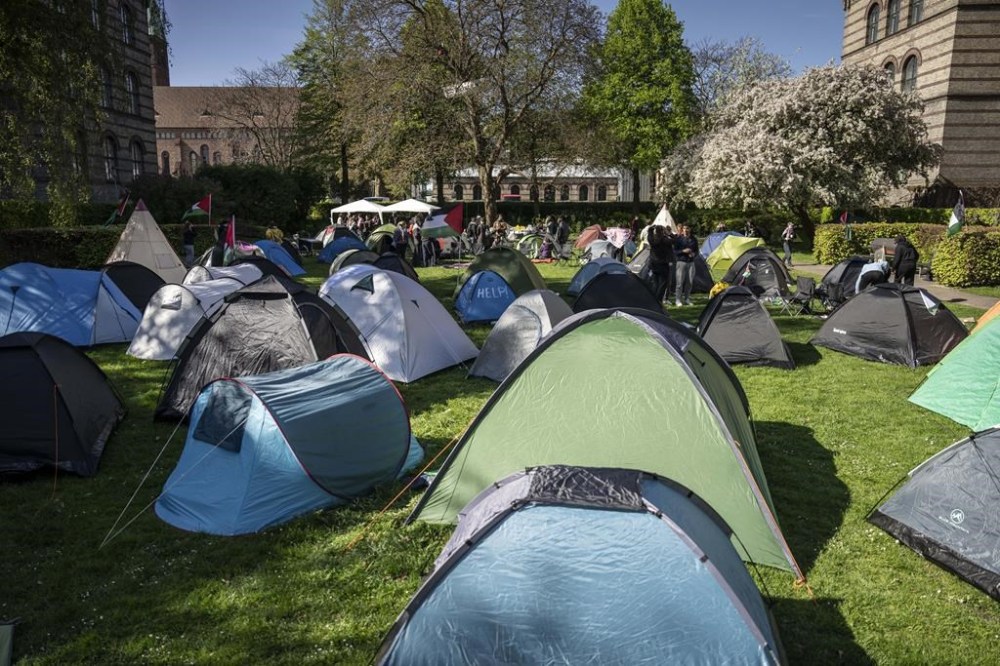 Students protest against Gaza war in a tent camp at the University of Copenhagen's City Campus, in Copenhagen Denmark, Tuesday May 7, 2024. The tent camp, which is part of a pro-Palestinians demonstration, was established on Monday. (Mads Claus Rasmussen/Ritzau Scanpix via AP)