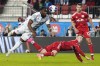 Toronto FC forward Ayo Akinola (20) heads the ball as New York Red Bulls forward Cameron Harper (17) defends and defender Dylan Nealis (12) looks on during second half MLS soccer action in Toronto on Wednesday, May 17, 2023. Canadian forward Akinola is leaving Toronto FC after agreeing to a mutual termination of his contract.THE CANADIAN PRESS/Chris Young