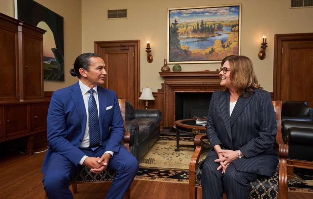 Manitoba Premier Wab Kinew is not saying when he will call a byelection in a Winnipeg constituency previously held by former premier Heather Stefanson, but interest appears to be growing already. Kinew, left, meets with Stefanson in the Premier's office in Winnipeg, Thursday, Oct. 5, 2023. THE CANADIAN PRESS/David Lipnowski