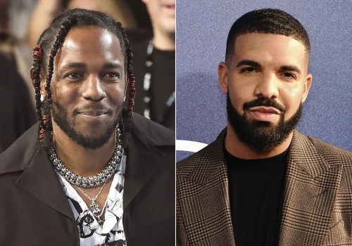 Rapper Kendrick Lamar appears at the MTV Video Music Awards, on Aug. 27, 2017, in Inglewood, Calif., left, and Canadian rapper Drake appears at the premiere of the series 